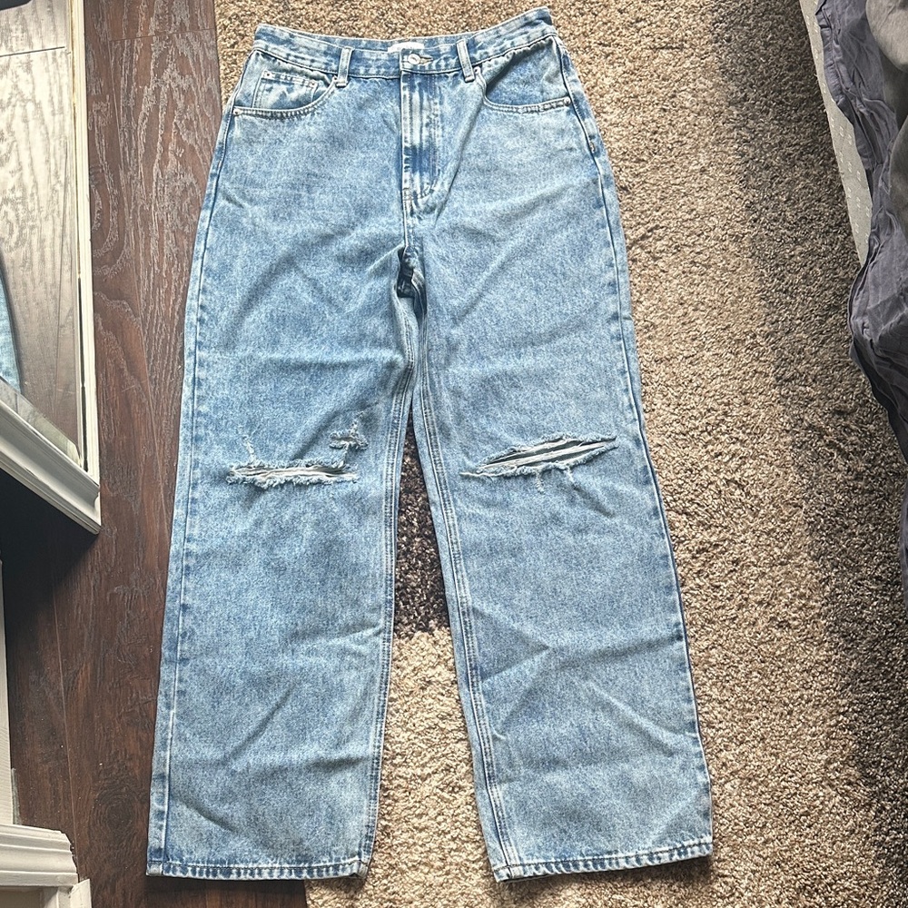 Stylish Light Blue Distressed Wide Leg Jeans